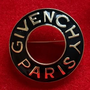Vintage Signed Givenchy Paris New York Goldtone Black Enamel Circle Brooch Pin